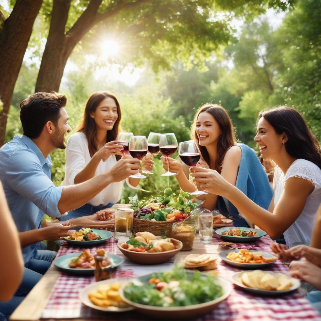 A cheerful gathering of friends clinking wine glasses in a sunlit outdoor setting, surrounded by lush greenery and a beautifully laid picnic table filled with delicious snacks. The scene captures laughter and joy, with people of diverse backgrounds enjoying their time together. Include soft light filtering through the trees, enhancing the atmosphere of celebration and happiness. super-realistic. vibrant colors. outdoor setting.