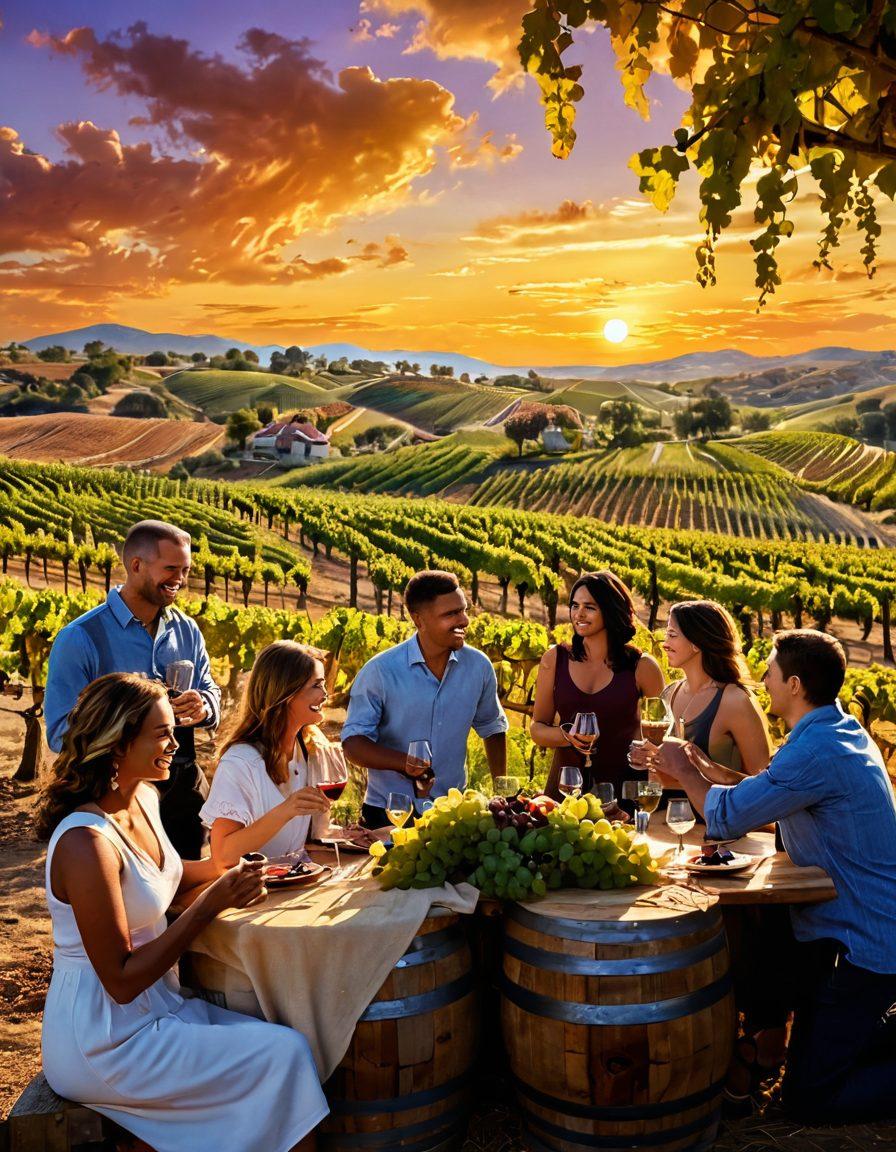 A picturesque vineyard landscape under a golden sunset, with lush grapevines and rustic wine barrels scattered throughout. In the foreground, a joyful group of diverse friends clink their glasses of wine, reflecting warm light and laughter. An artistic touch with swirling grape patterns in the sky above, symbolizing the journey from vineyard to glass. super-realistic. vibrant colors. warm hues.