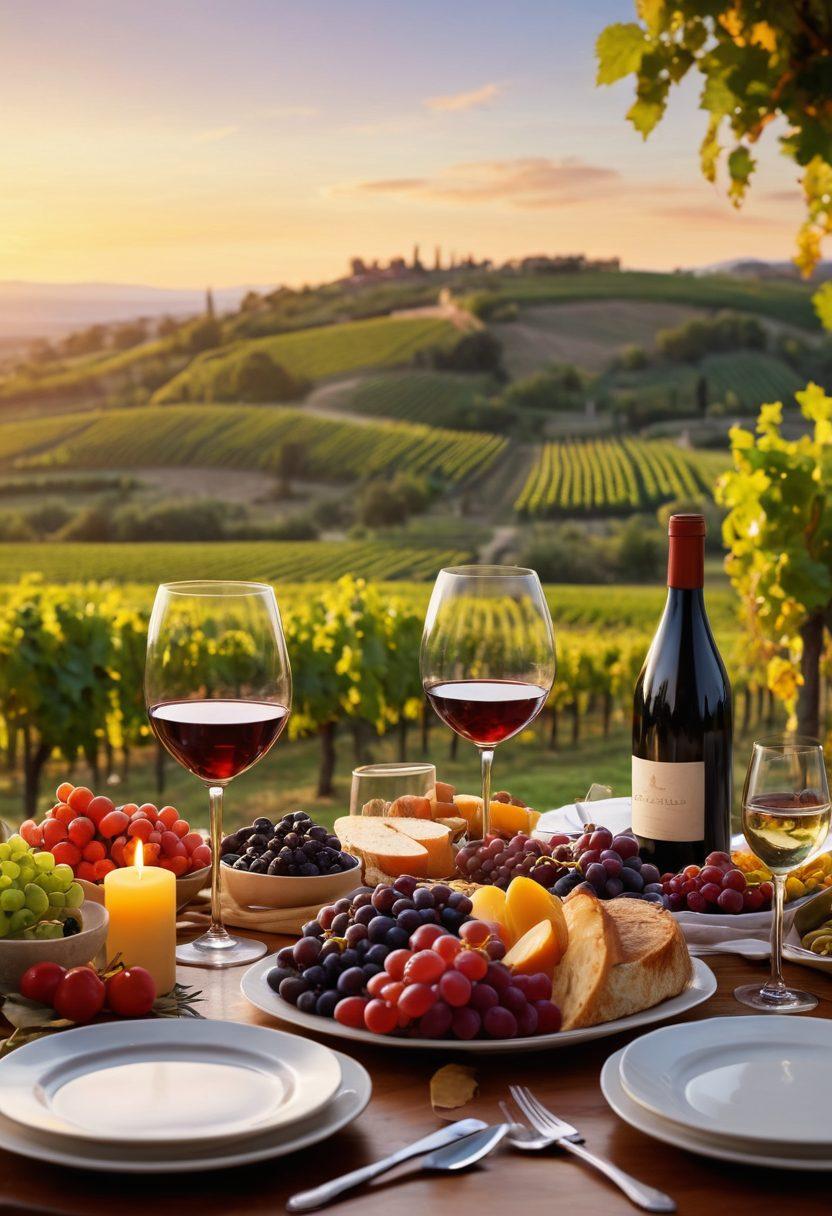 A beautifully set table with an array of wine glasses filled with various types of wine, surrounded by gourmet dishes and fresh ingredients. The scene is illuminated by soft candlelight, evoking warmth and celebration, with a backdrop of a vineyard at sunset. Include a couple of people laughing and toasting, embodying joy and togetherness. Elegant and festive atmosphere. super-realistic. vibrant colors. 3D.